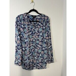 Nine West Blue Pink Green Floral V-Neck Button Long Sleeve Blouse Women's M